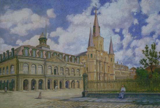 William Woodward Painting of view of Jackson Square French Quarter of New Orleans,